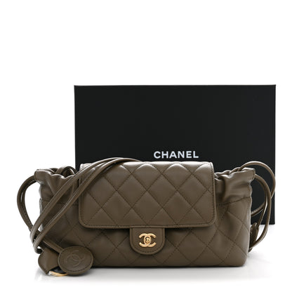 Chanel Lambskin Quilted CC Drawstring Flap Clutch With Strap Dark Khaki 11 of 11