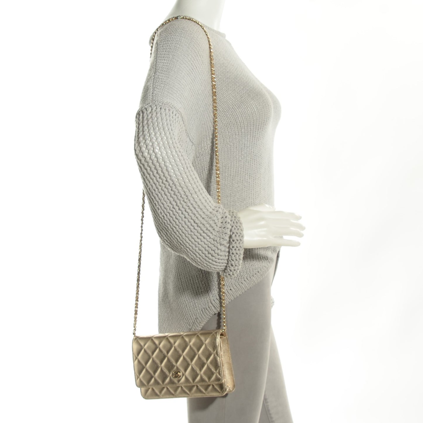 Metallic Lambskin Quilted Wallet On Chain WOC Gold