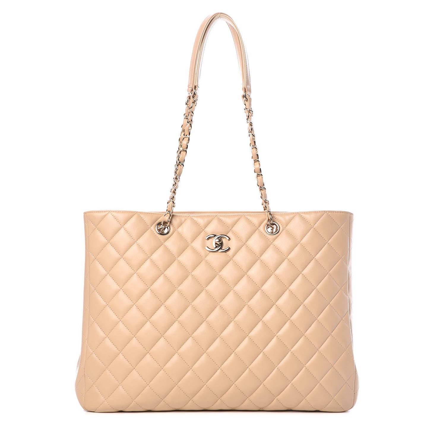 Lambskin Quilted Large Classic Shopping Tote Beige