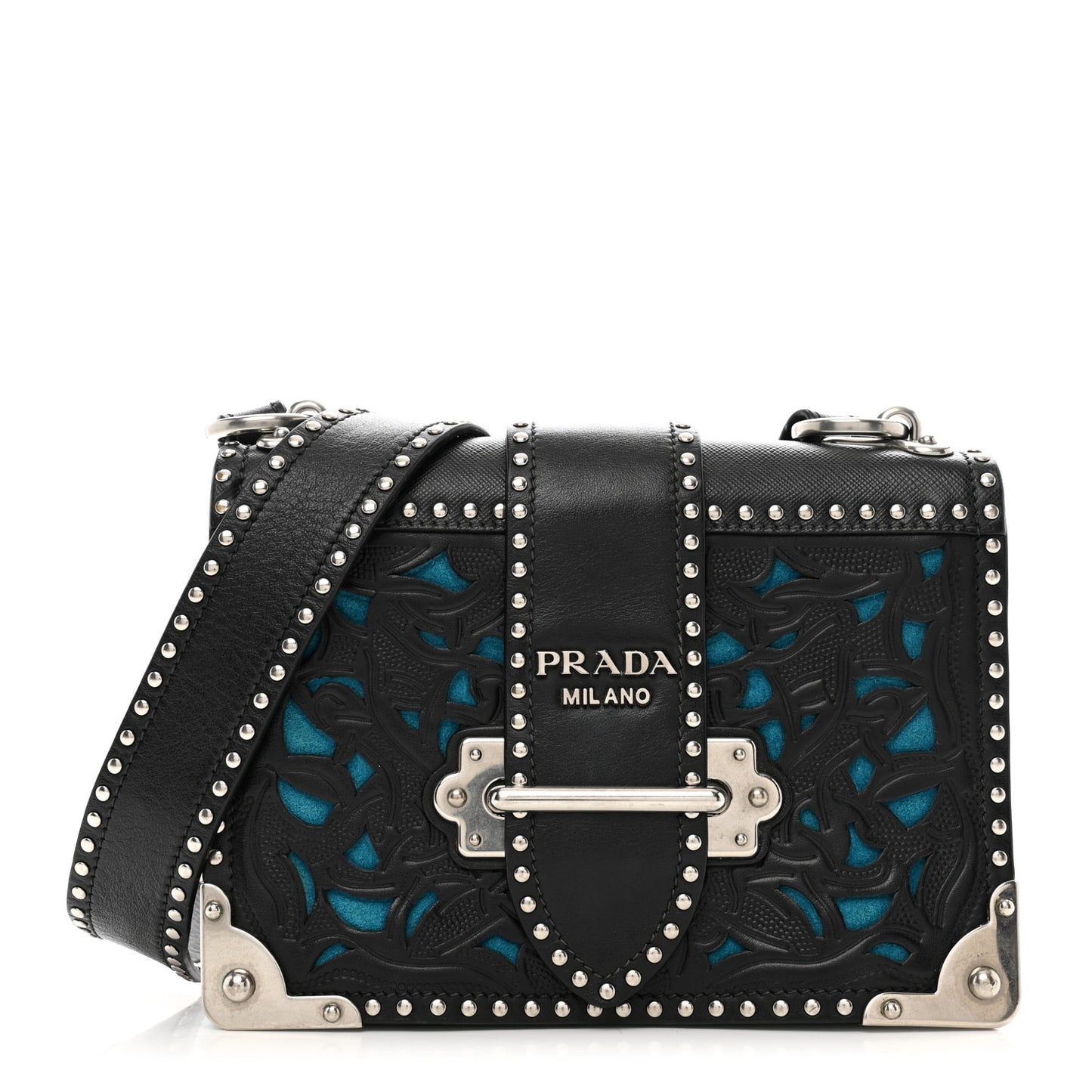 City Calf Saffiano Studded Laser Cut Cahier Bag Black