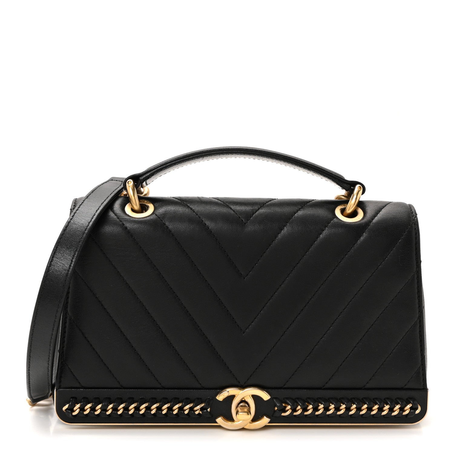 Chanel Sheepskin Chevron Stitched Chain Top Handle Flap Black 1 of 9