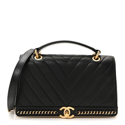 Chanel Sheepskin Chevron Stitched Chain Top Handle Flap Black 1 of 9