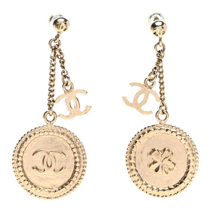 Chanel Medallion Clover CC Drop Earrings Light Gold 1 of 4