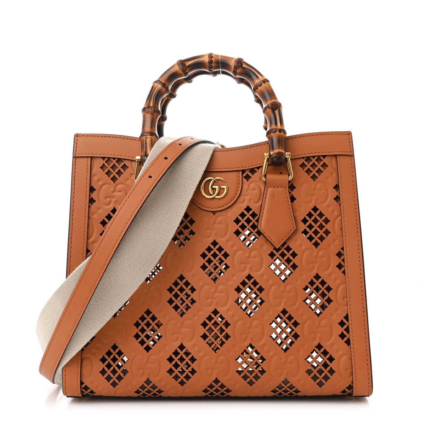Calfskin Debossed GG Lase-Cut Small Diana Tote Bag Harness Brown