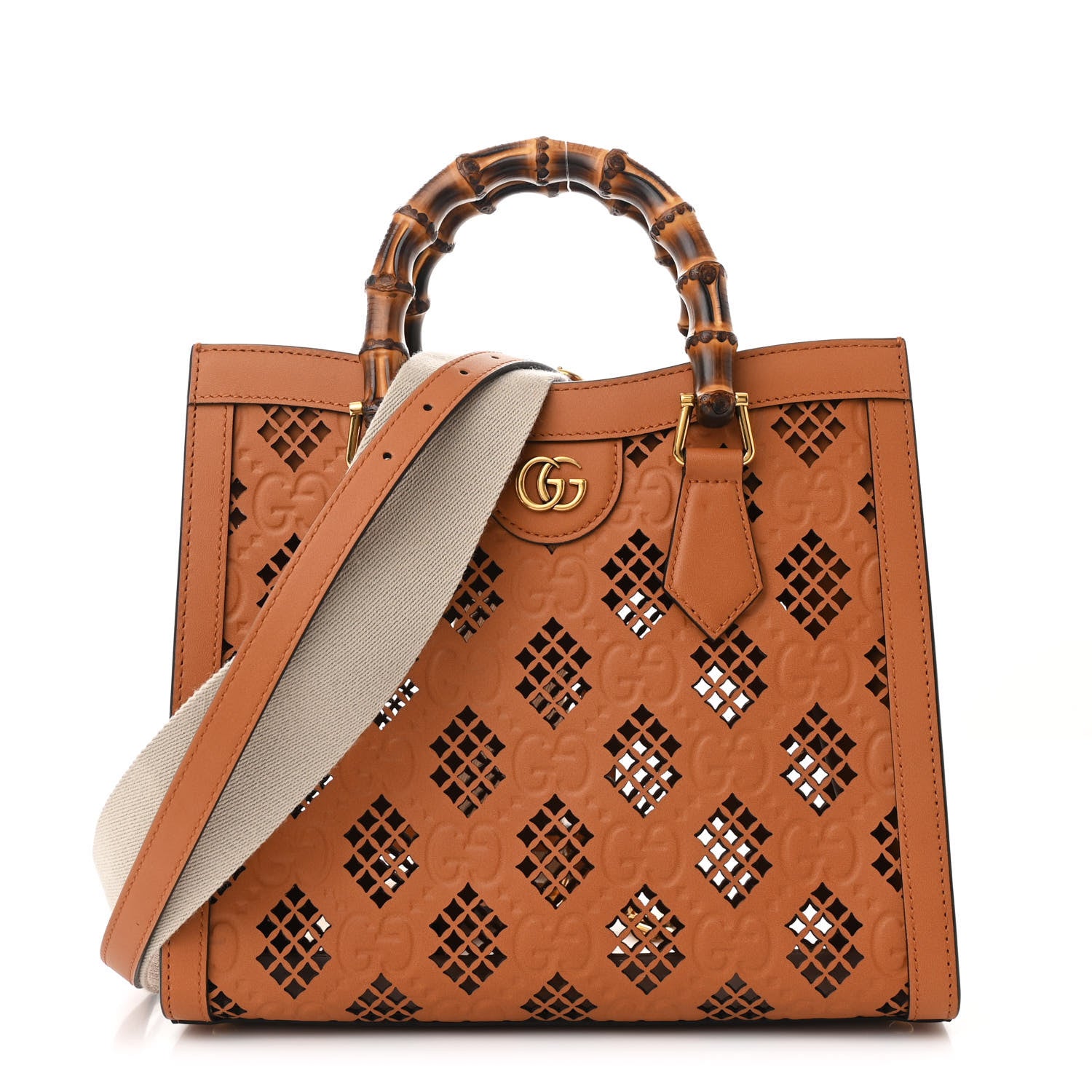 Gucci Calfskin Debossed GG Lase-Cut Small Diana Tote Bag Harness Brown 1 of 9