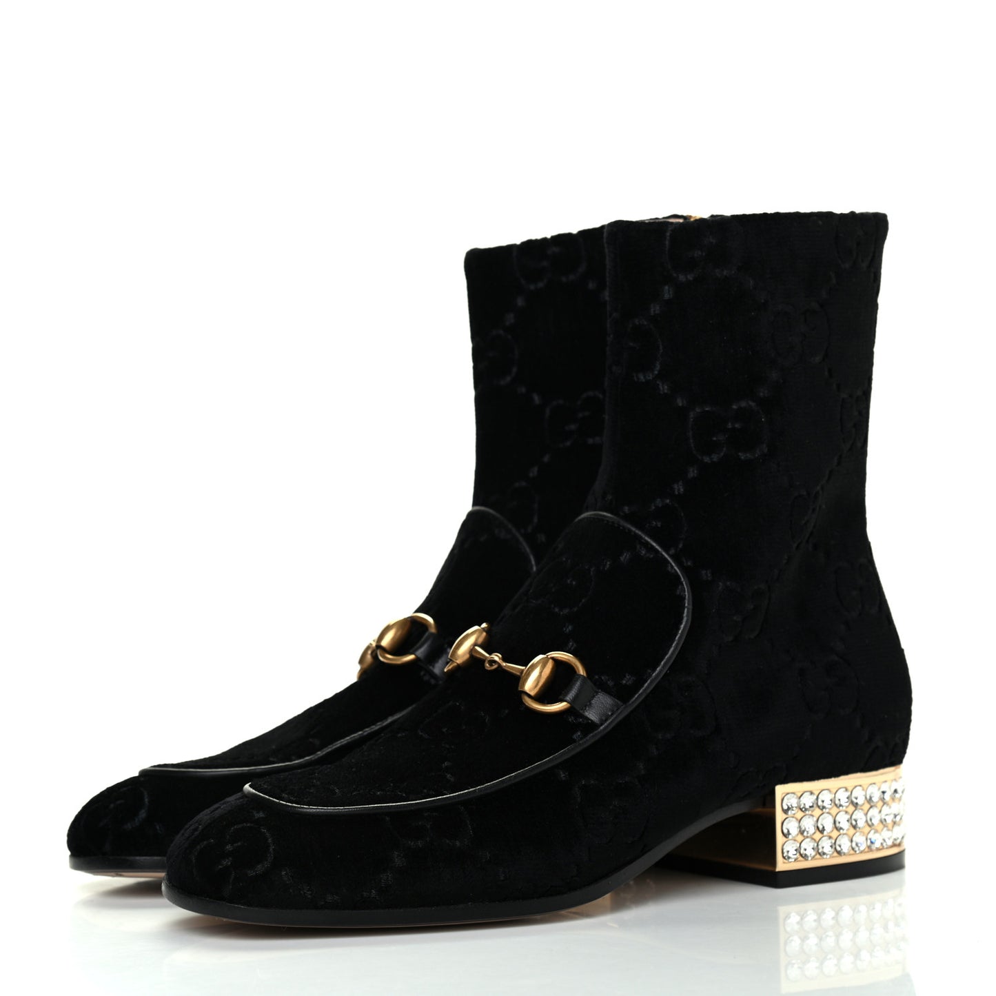 Velvet GG Monogram Crystal Horsebit Ankle Boots 36 Black