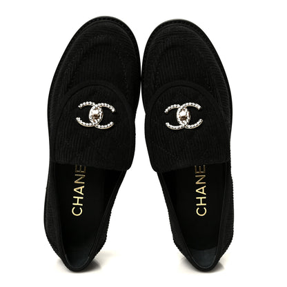 Chanel Corduroy Quilted CC Turnlock Loafers 36 Black 2 of 10
