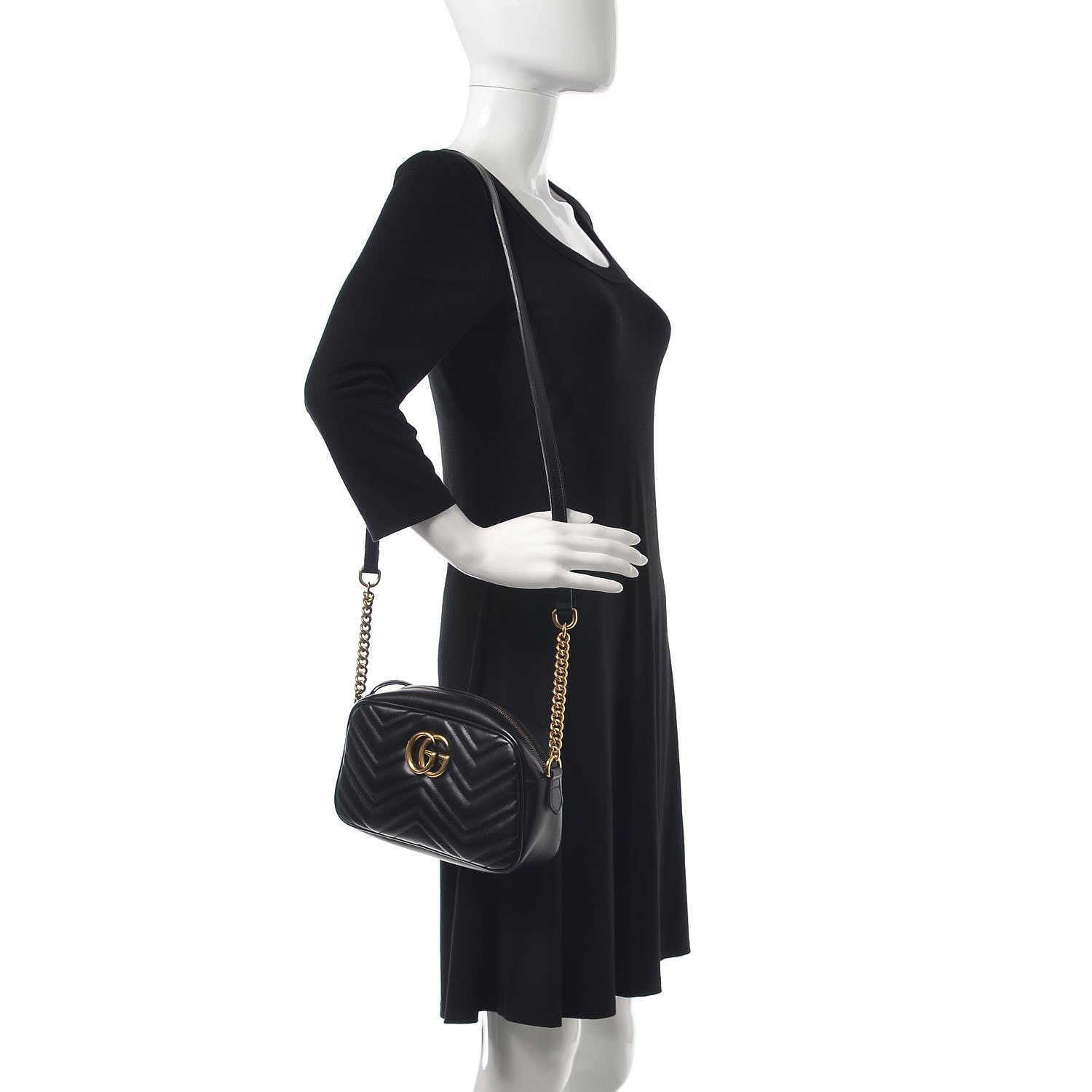 Gucci Calfskin Matelasse Small GG Marmont Chain Shoulder Bag Black 2 of 7
