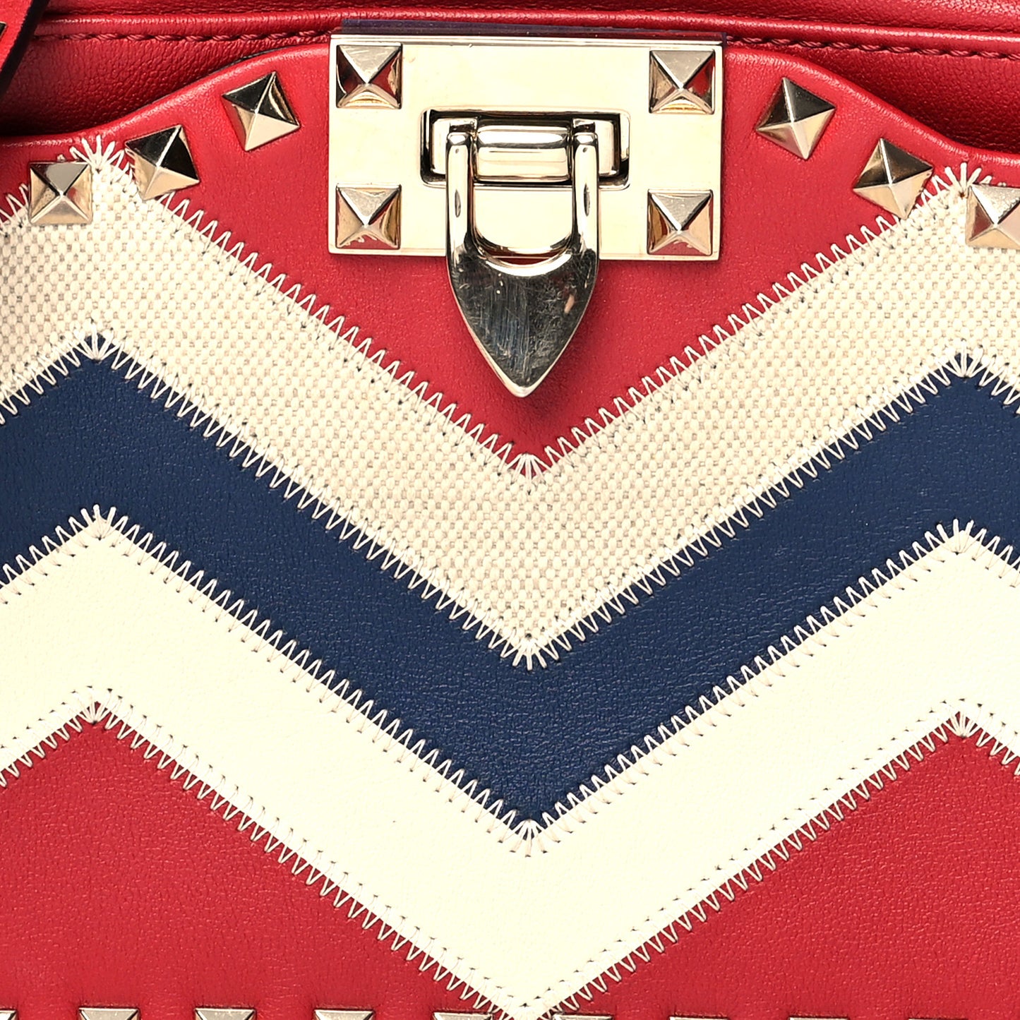 Calfskin Canvas Zig Zag Print Rockstud Flip Lock Camera Crossbody Bag Red Blue