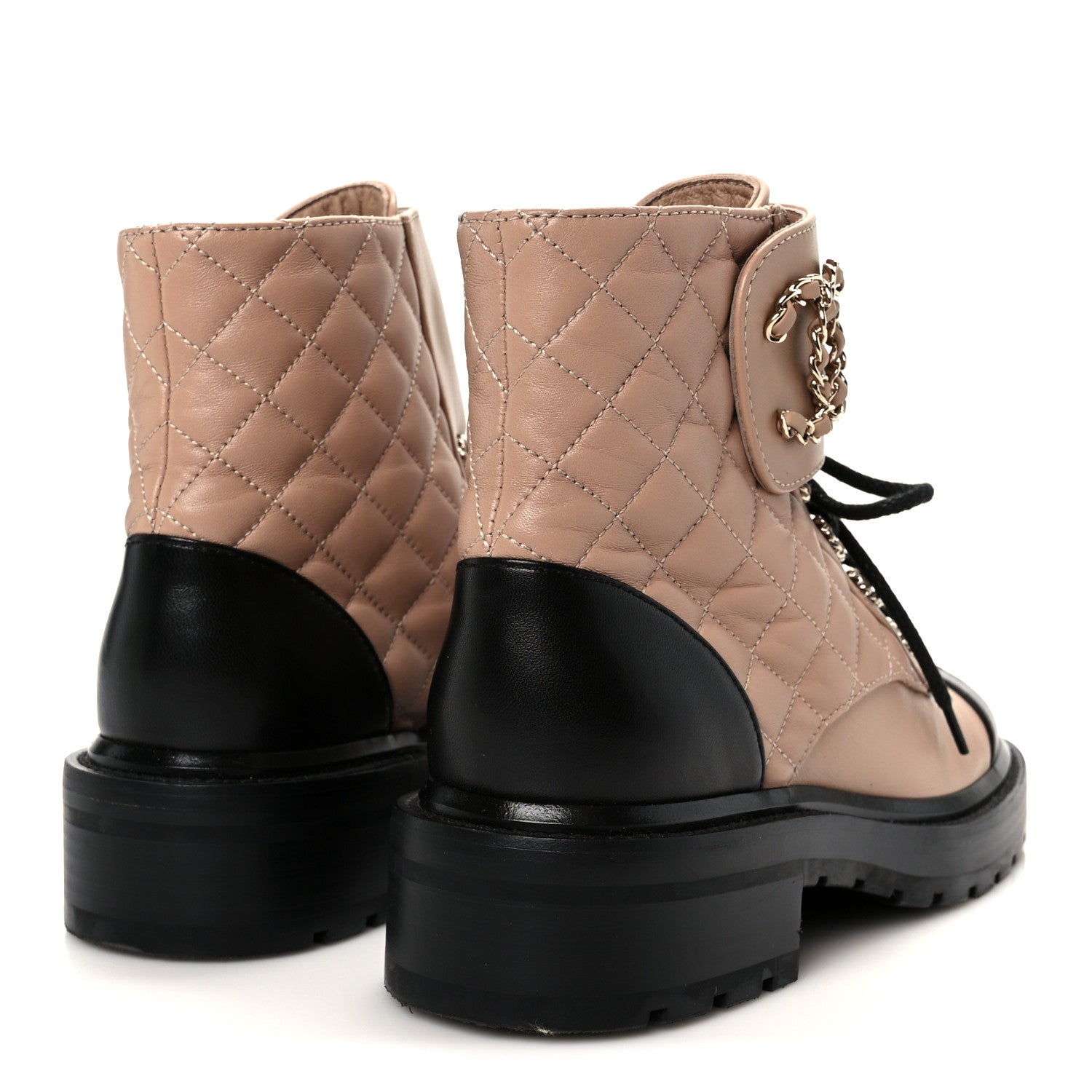 Chanel Shiny Lambskin Quilted Lace Up Combat Boots 36 Beige Black 5 of 12