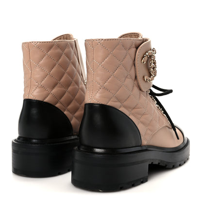 Chanel Shiny Lambskin Quilted Lace Up Combat Boots 36 Beige Black 5 of 12