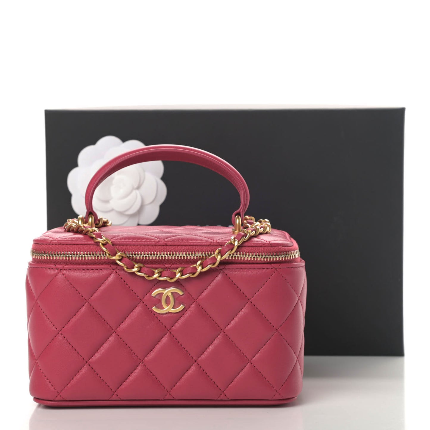 Lambskin Quilted Small Top Handle Vanity Case With Chain Dark Pink