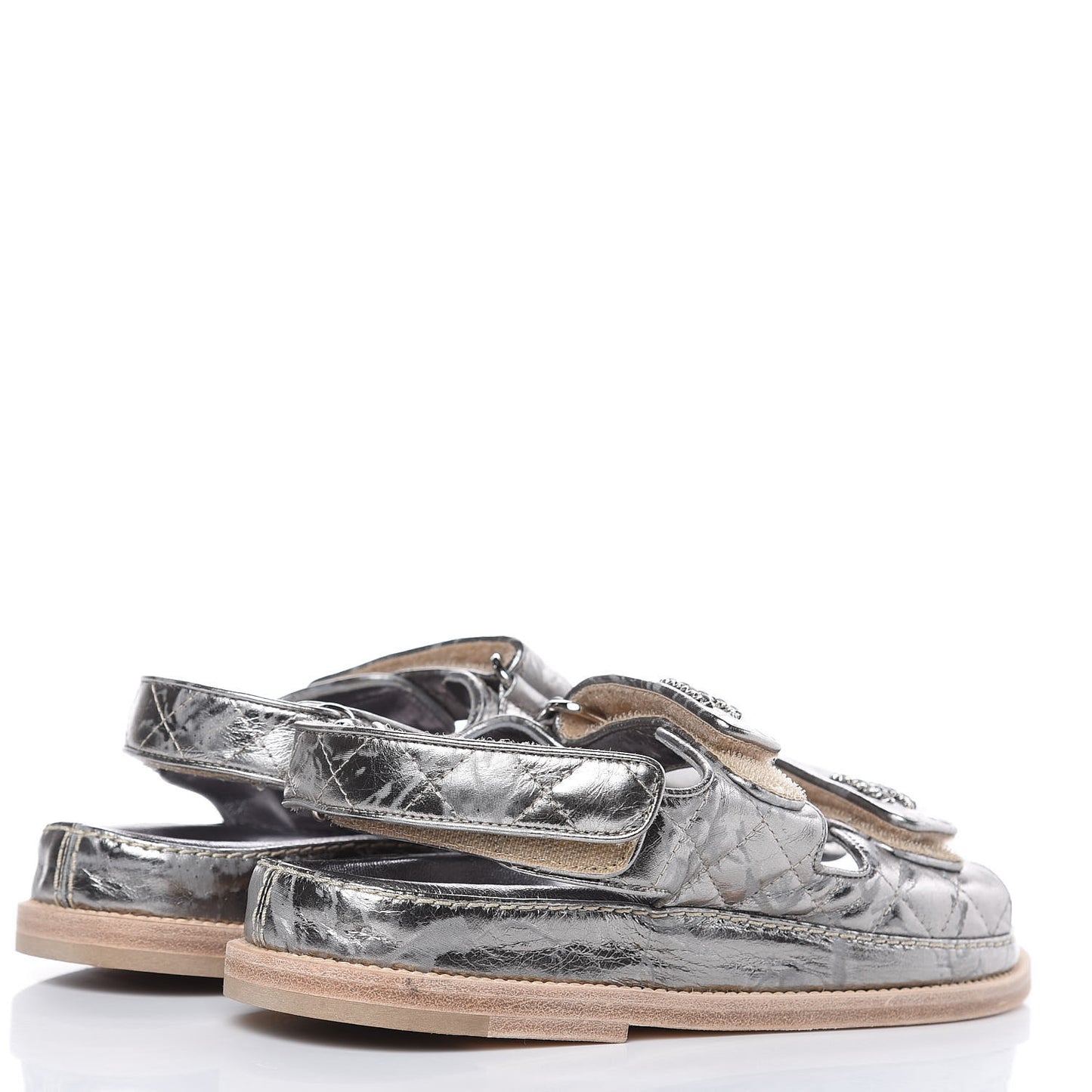 Metallic Crumpled Calfskin Chain CC Flat Sandals 36 Silver