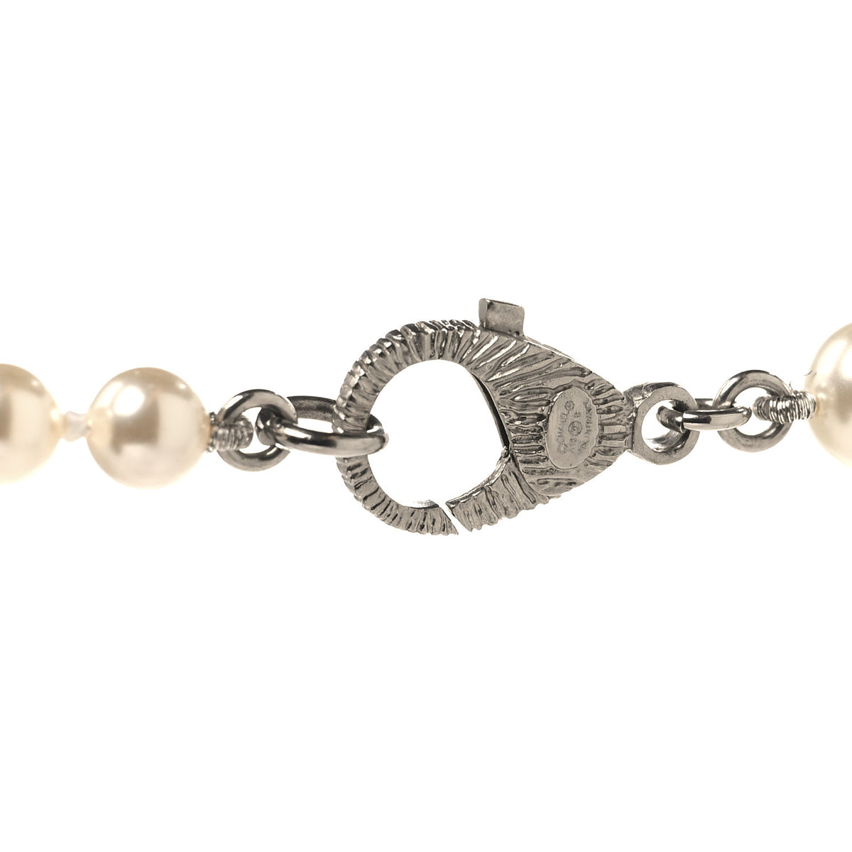 Graduated Pearl Crystal CC Long Necklace Silver