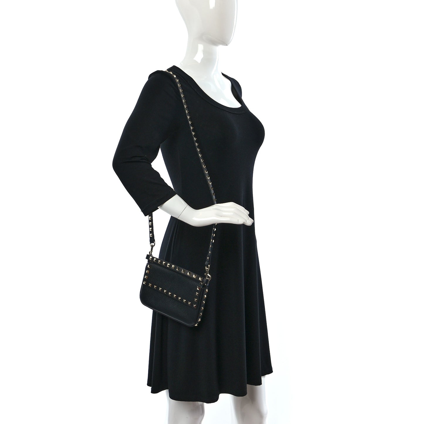 Grainy Calfskin Rockstud Crossbody Pouch Black