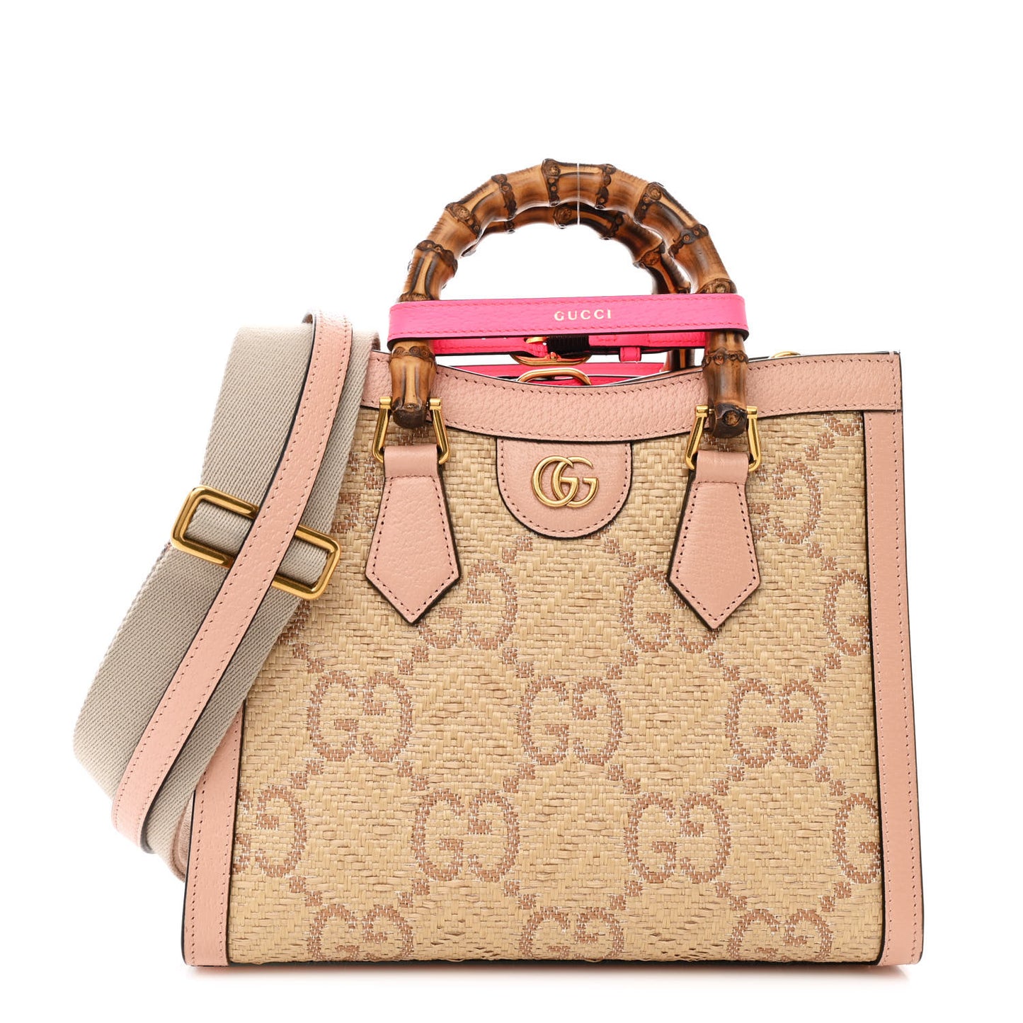 Raffia Textured Dollar Calfskin GG Monogram Small Diana Tote Bag Natural Wild Rose Fluorescent Fuchsia