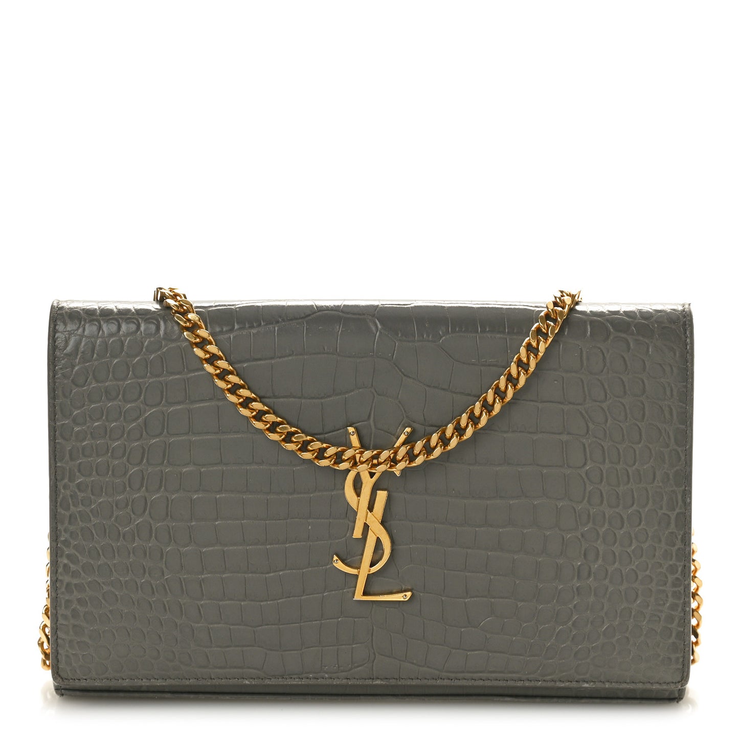Calfskin Crocodile Embossed Monogram Chain Wallet Fog