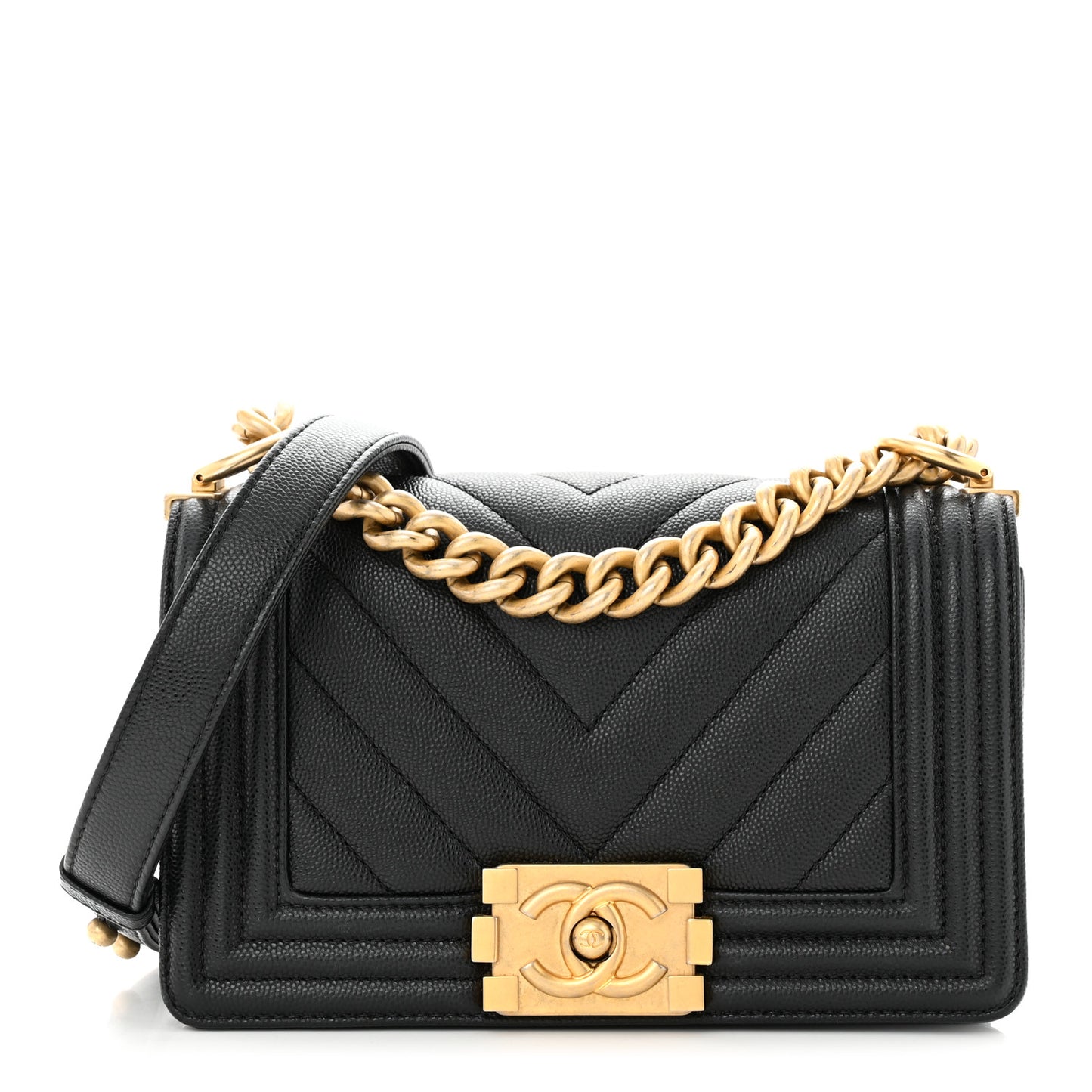 Caviar Chevron Quilted Small Boy Flap Black