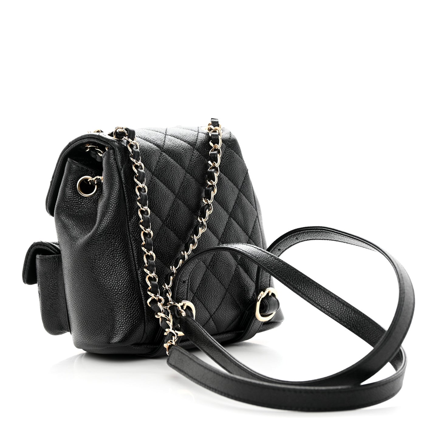 Shiny Caviar Quilted Small Duma Pockets Drawstring Backpack Black
