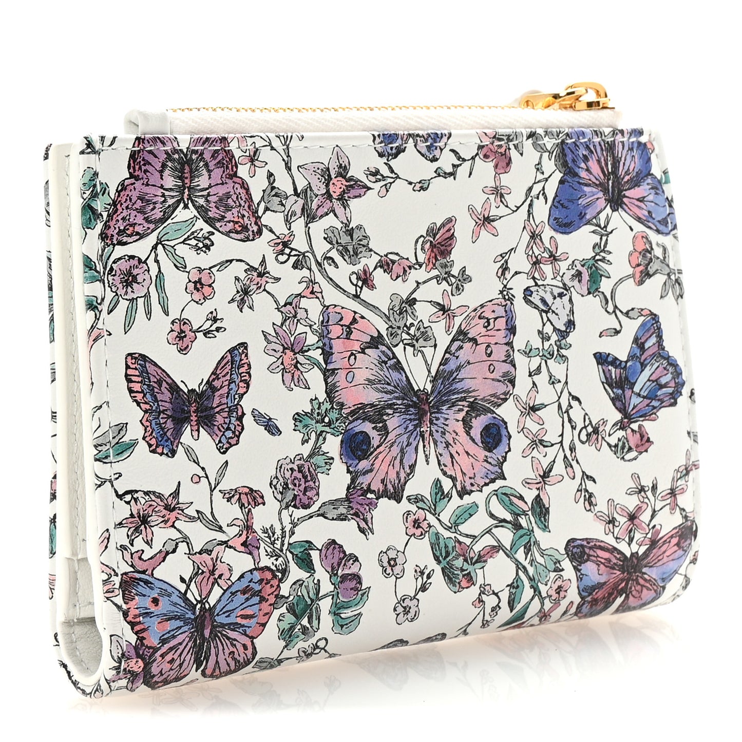 Calfskin Butterfly Printed Caro Medium Wallet White Multicolor