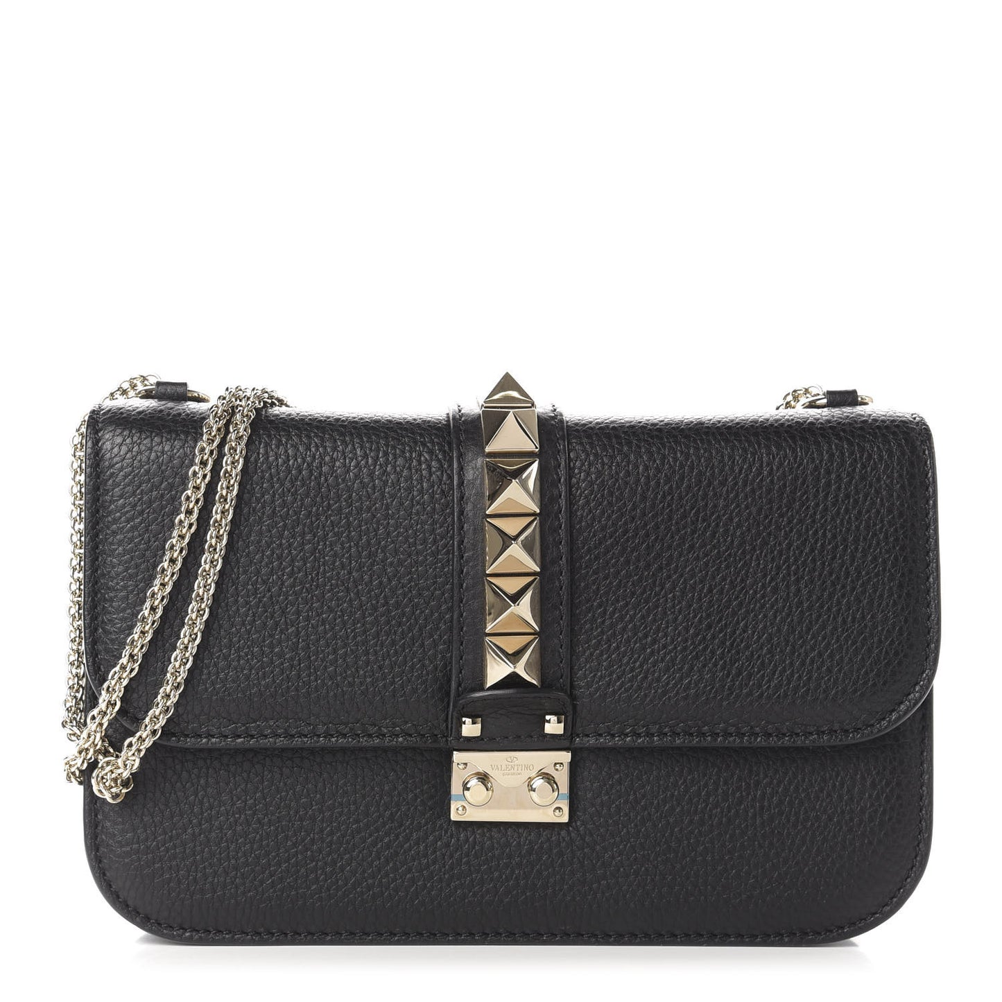 Pebbled Calfskin Medium Glam Lock Rockstud Flap Black
