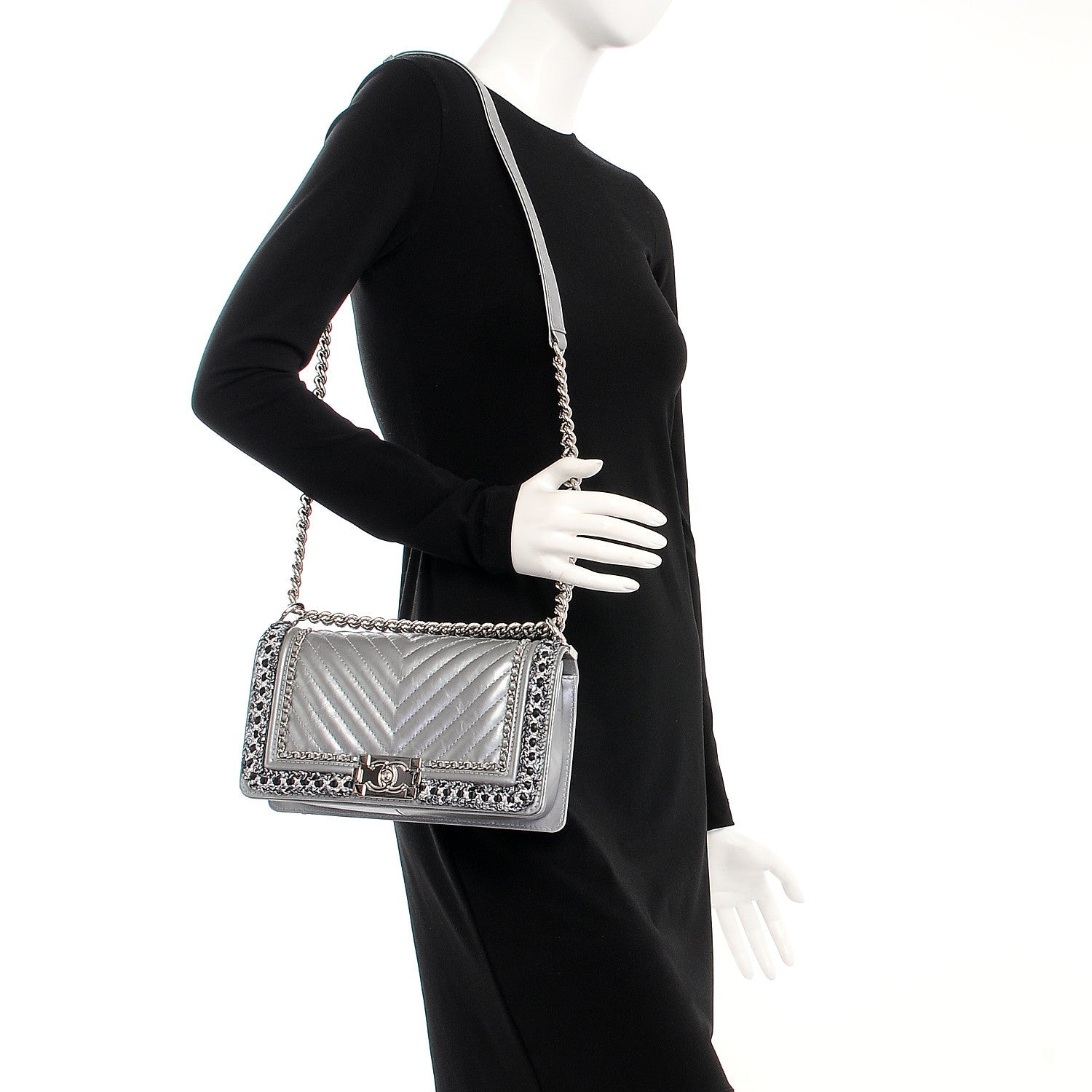 Chanel Metallic Calfskin Chevron Quilted Medium Boy Chained Flap Silver 2 of 10