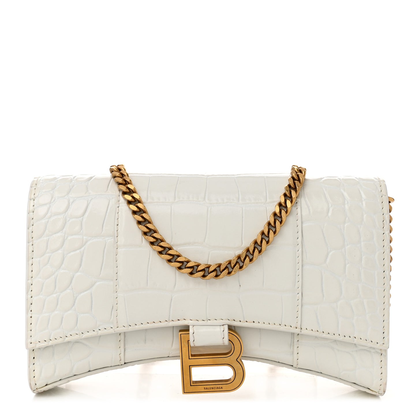 Shiny Calfskin Crocodile Embossed Hourglass Chain Bag White