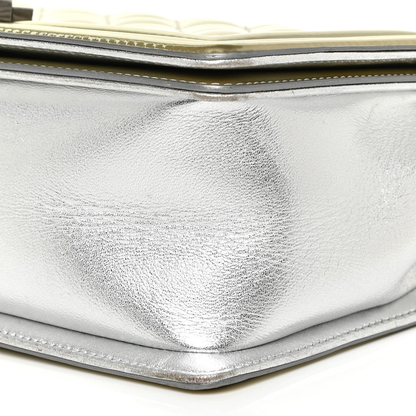 Metallic Patent Calfskin Quilted Medium Boy Flap Silver