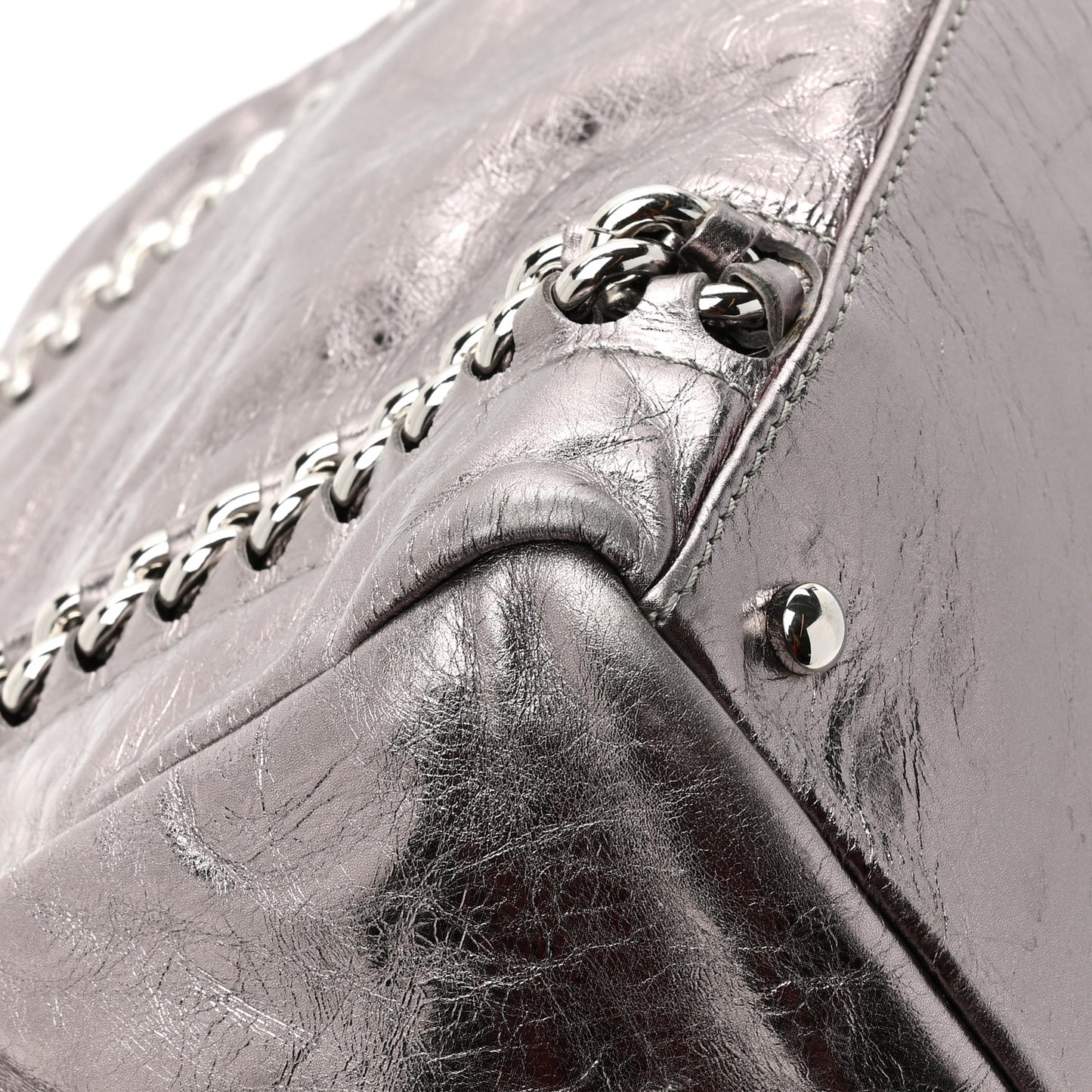 Metallic Cracked Calfskin Modern Chain Tote Dark Silver