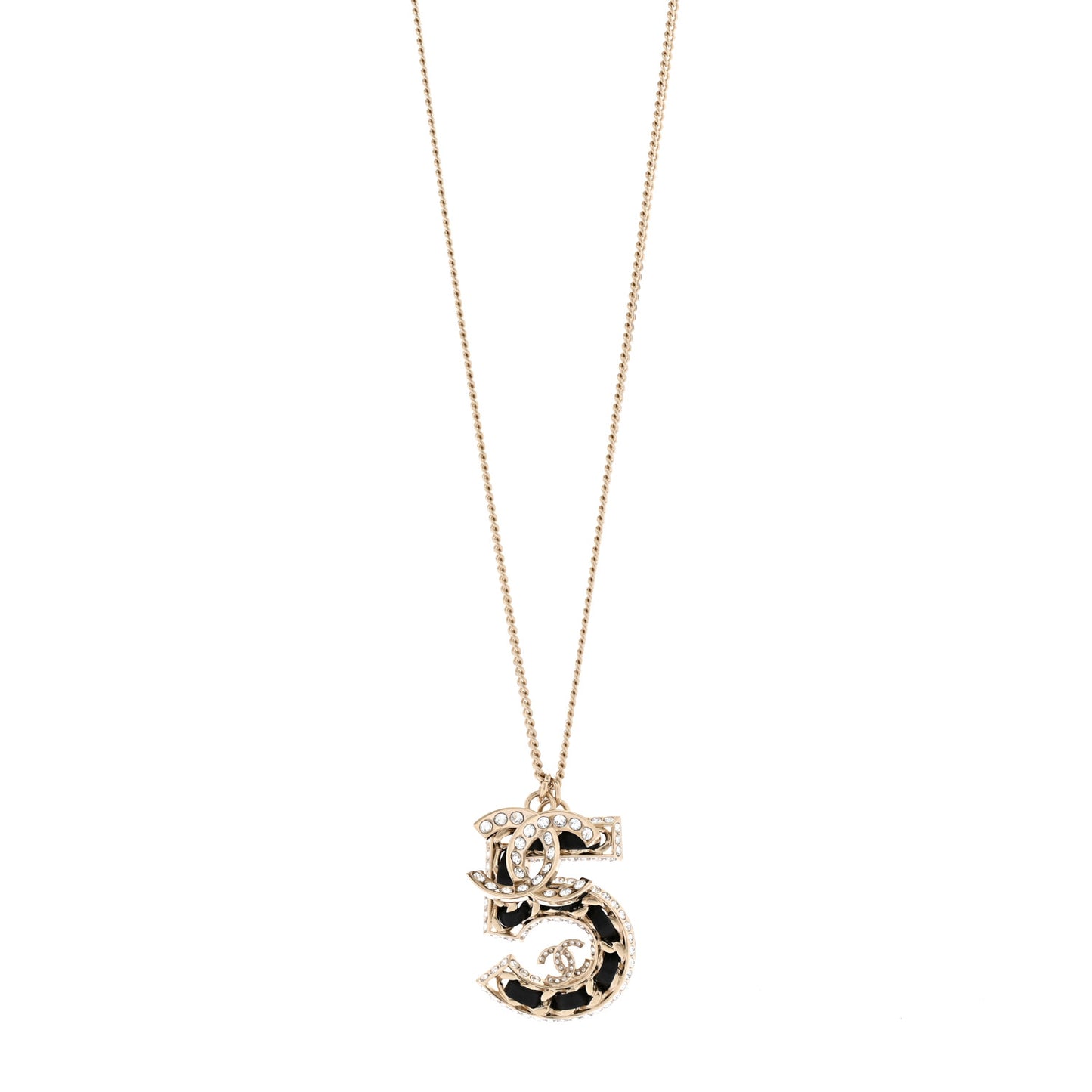 Lambskin Crystal CC Number 5 Pendant Necklace Gold Black