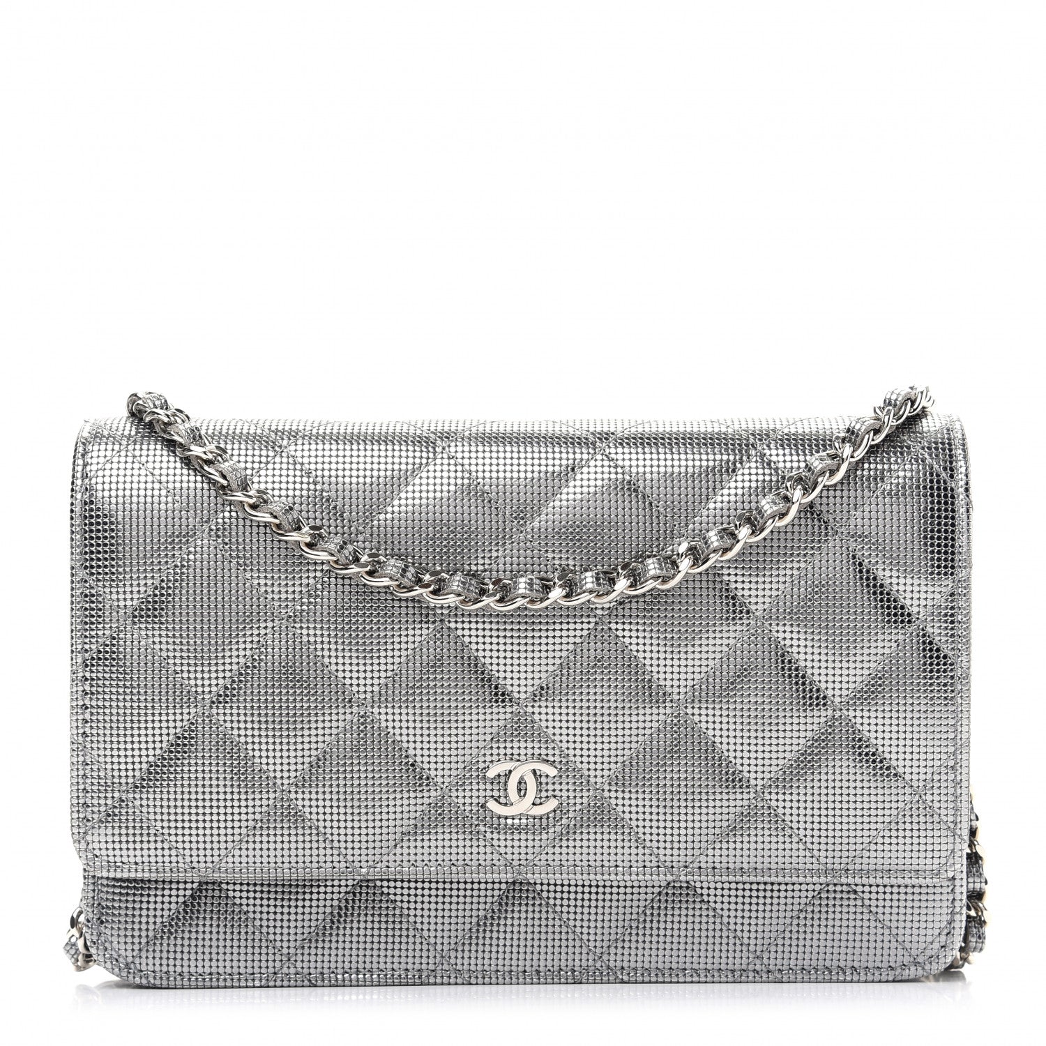 Chanel Metallic Calfskin Quilted Pixel Effect Wallet on Chain WOC Silver 1 of 10
