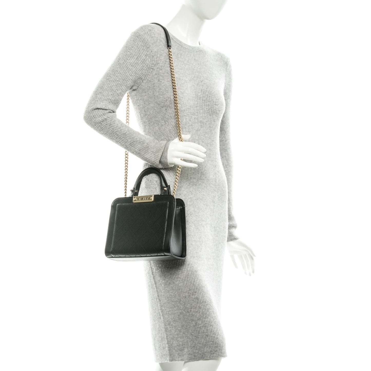 Grained Calfskin Stitched Small Label Click Shopper Tote Black
