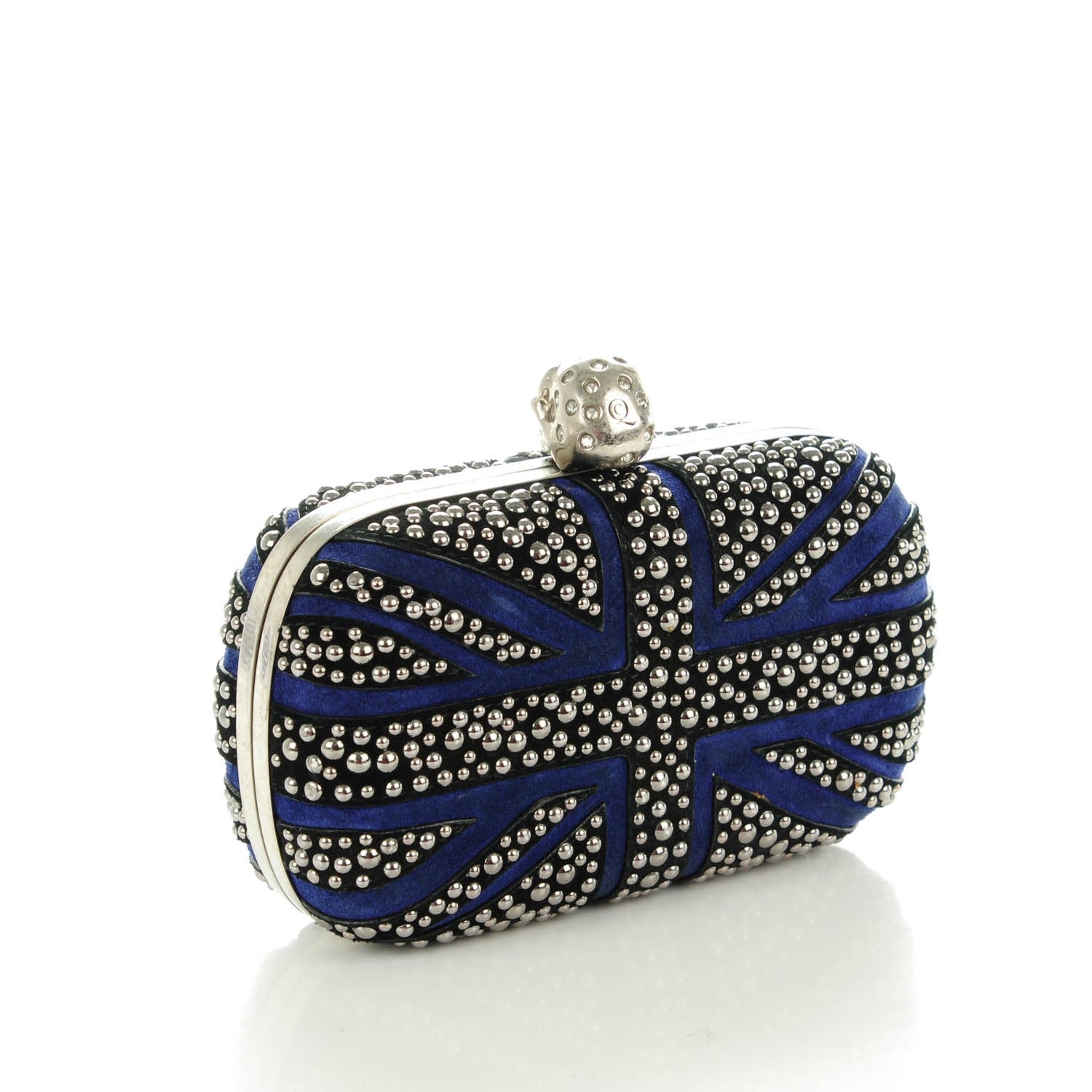 Alexander McQueen Suede Studded Britannia Skull Box Clutch Blue Black 4 of 9