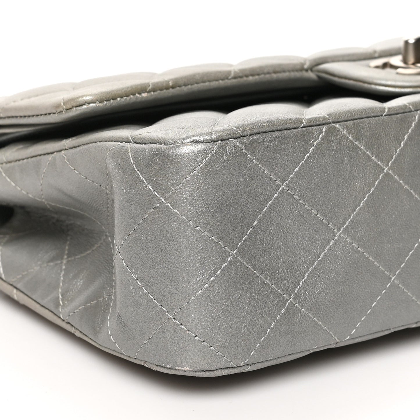 Metallic Lambskin Quilted Medium Double Flap Silver