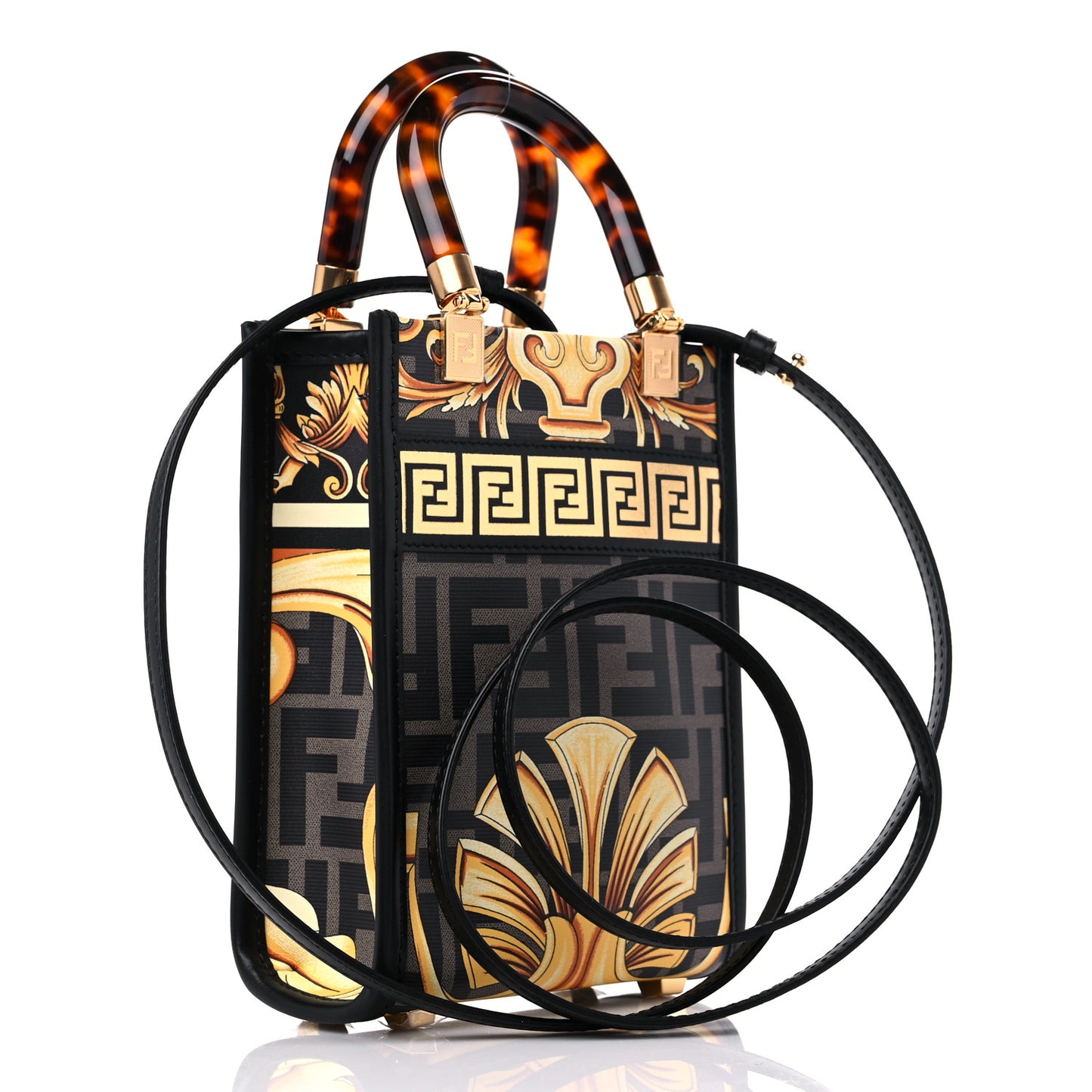 X VERSACE Vitello King Catalan Mirror Plexiglass Fendace FF Baroque Logo Mini Fendi Sunshine Shopper Tote Black Gold