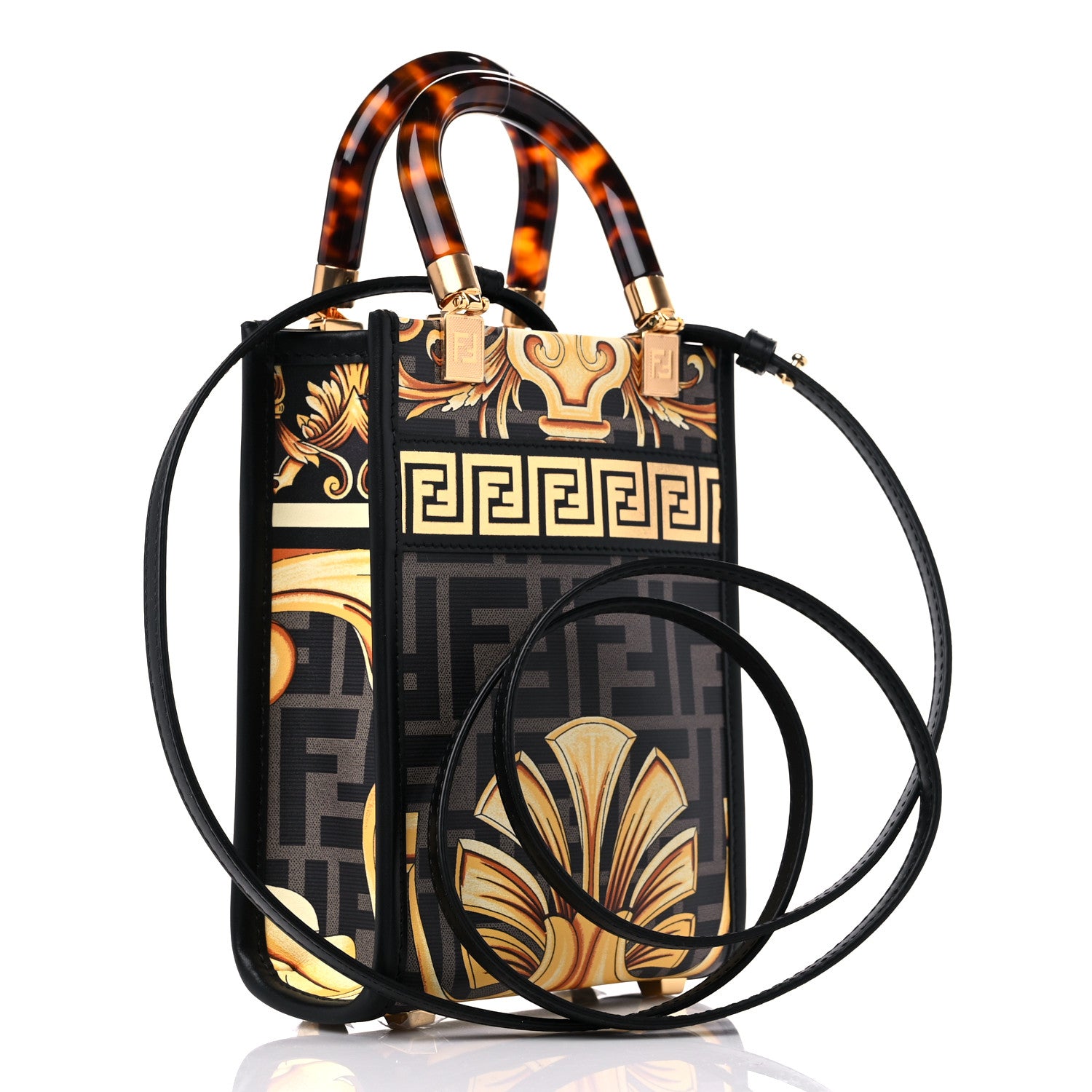 Fendi X VERSACE Vitello King Catalan Mirror Plexiglass Fendace FF Baroque Logo Mini Fendi Sunshine Shopper Tote Black Gold 3 of 6