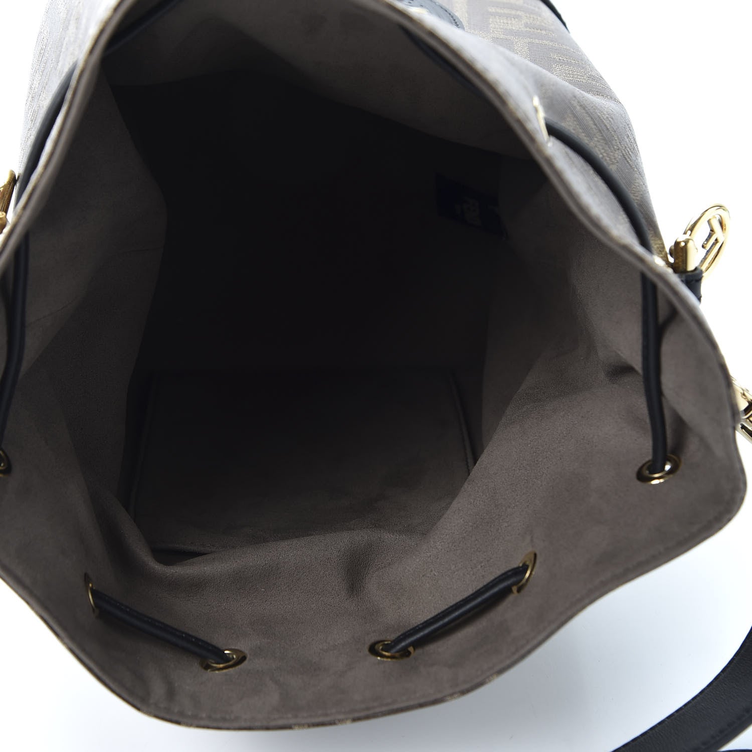 Fendi Glazed Fabric Vitello Grace F is Fendi FF 1974 Stamp Patch Grande Mon Tresor Bucket Bag Mogano Panna Black 4 of 10