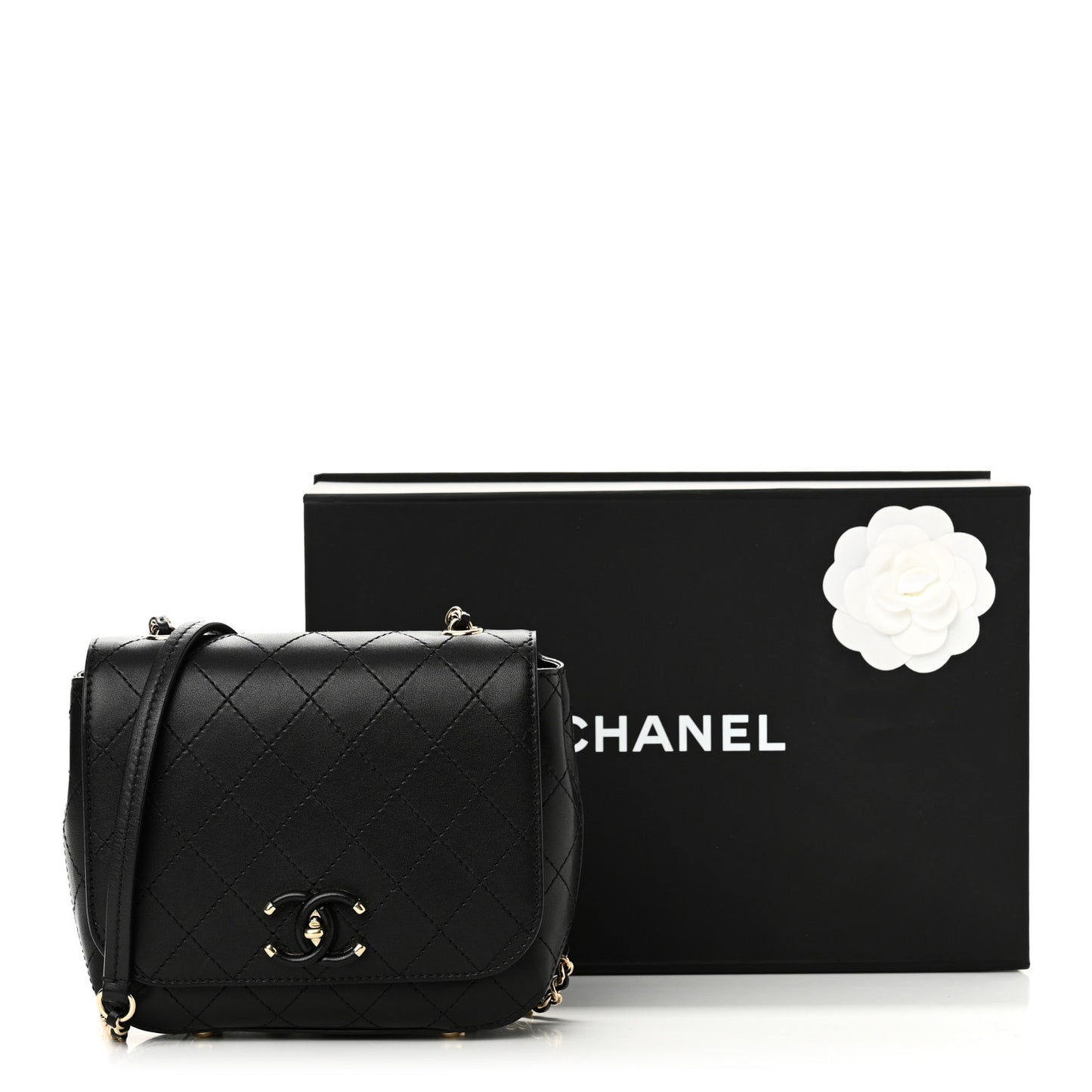 Calfskin Stitched Small Covered CC Flap Bag Black