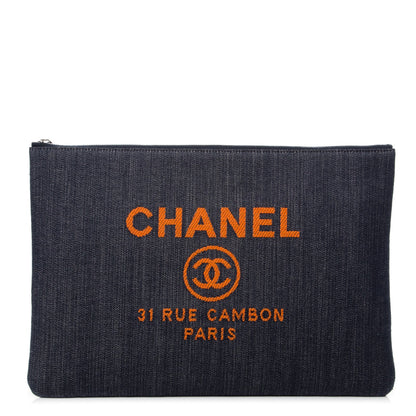 Chanel Denim Large Deauville Pouch Clutch Blue Orange 1 of 7