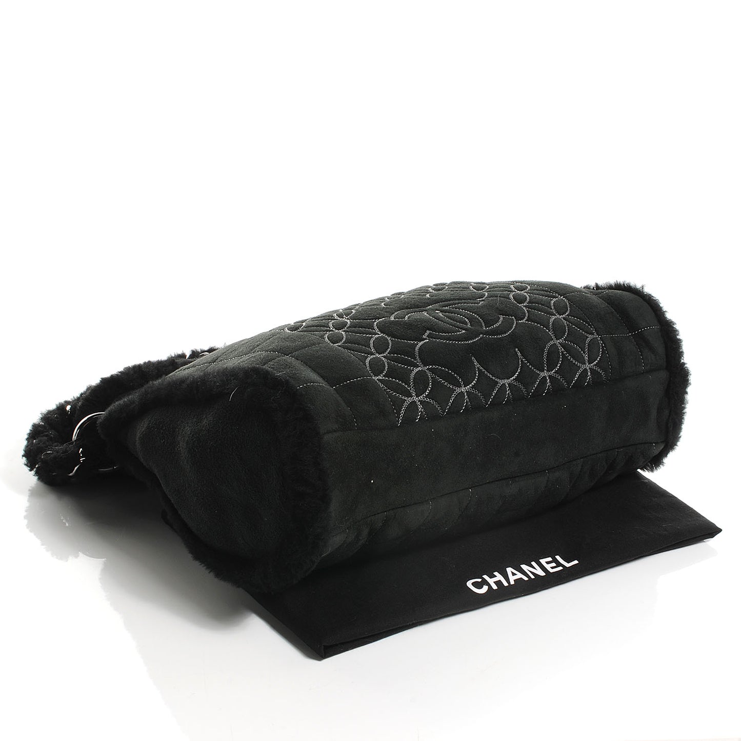Suede Sherpa Shoulder Bag w Cosmetic Pouch Black