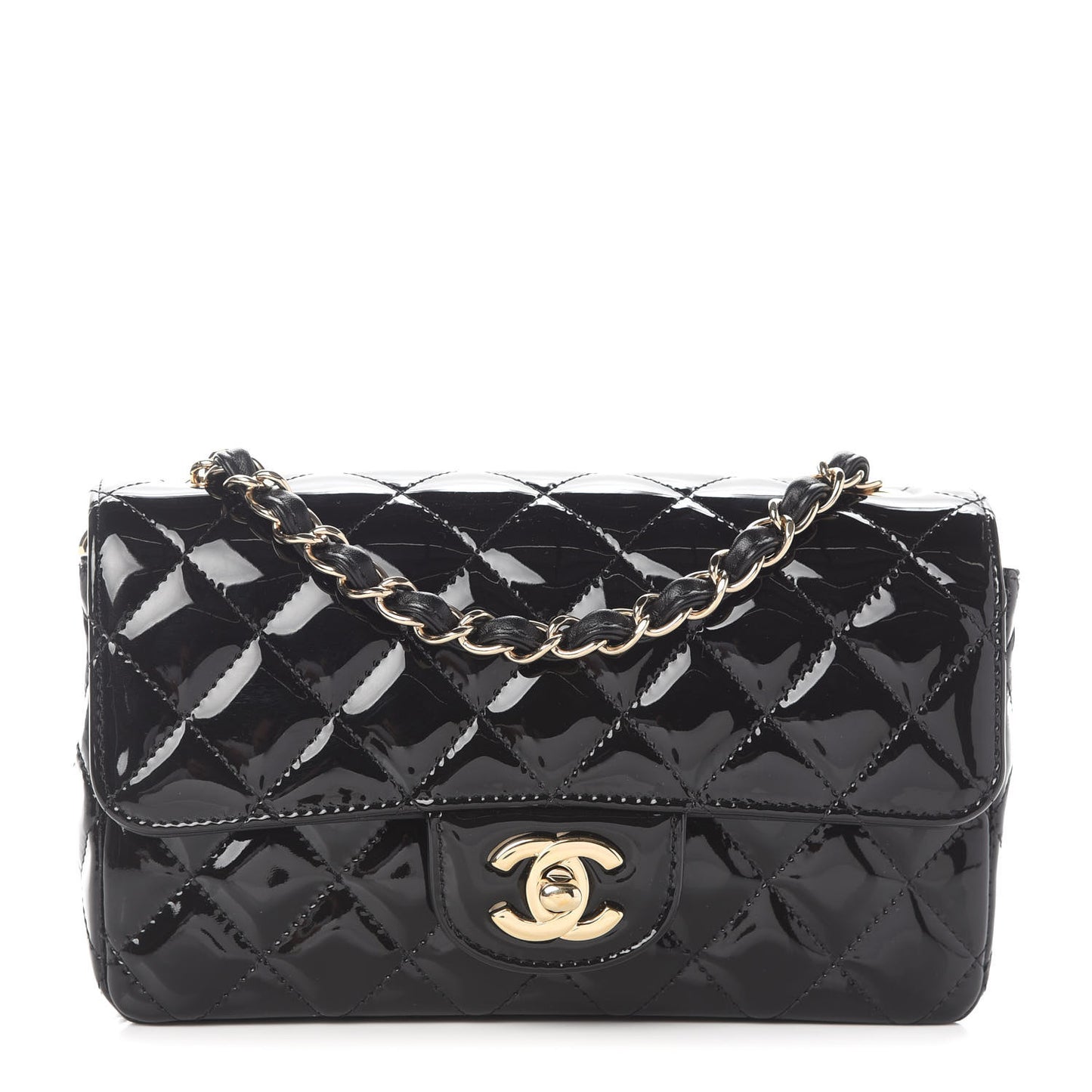 Patent Calfskin Quilted Mini Rectangular Flap Black