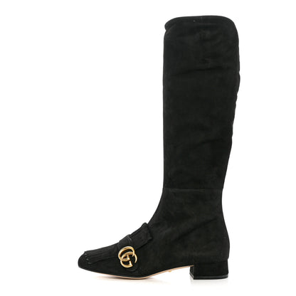 Gucci Kid Scamosciato GG Marmont Fringe Knee High Boots 40 Black 1 of 15