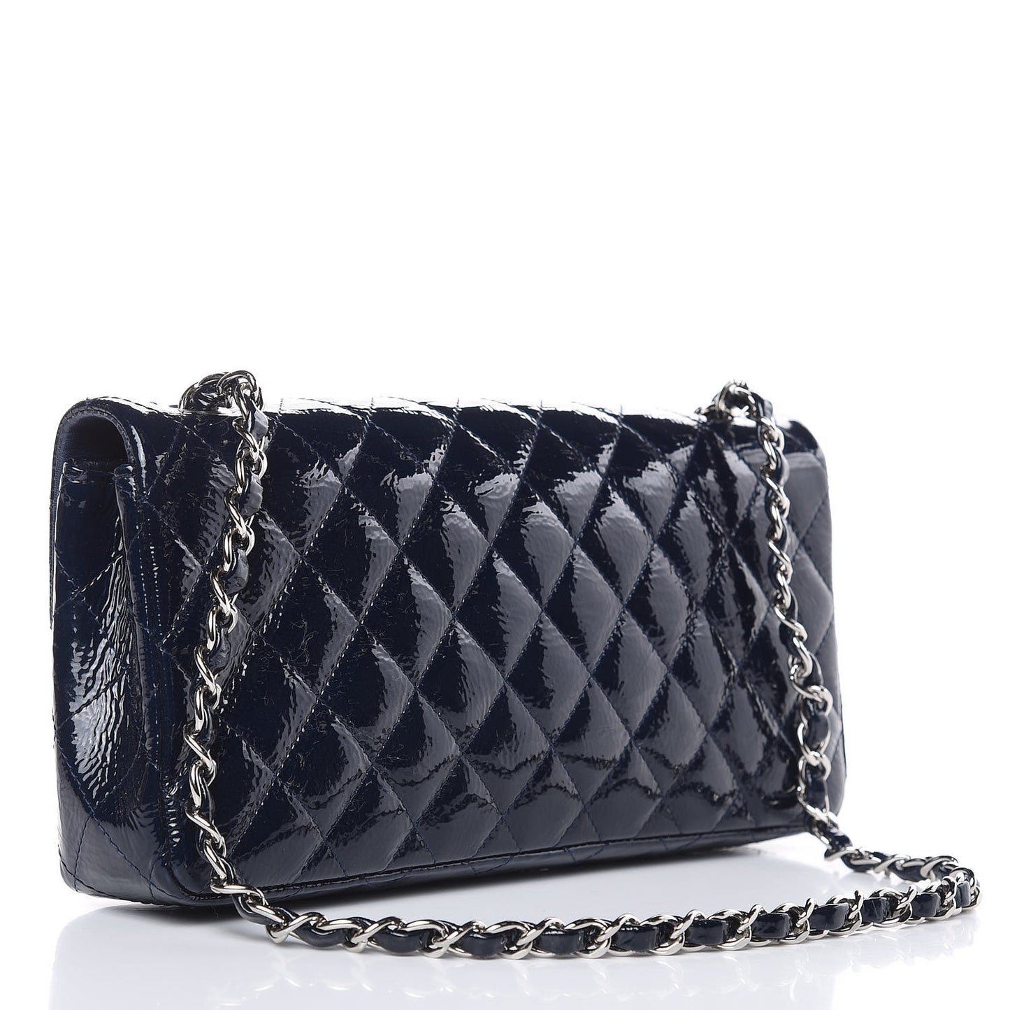Distressed Patent Quilted East West Flap Navy Blue