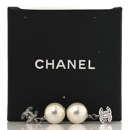 Chanel Crystal Pearl CC Drop Earrings Silver Pearly White 7 of 7