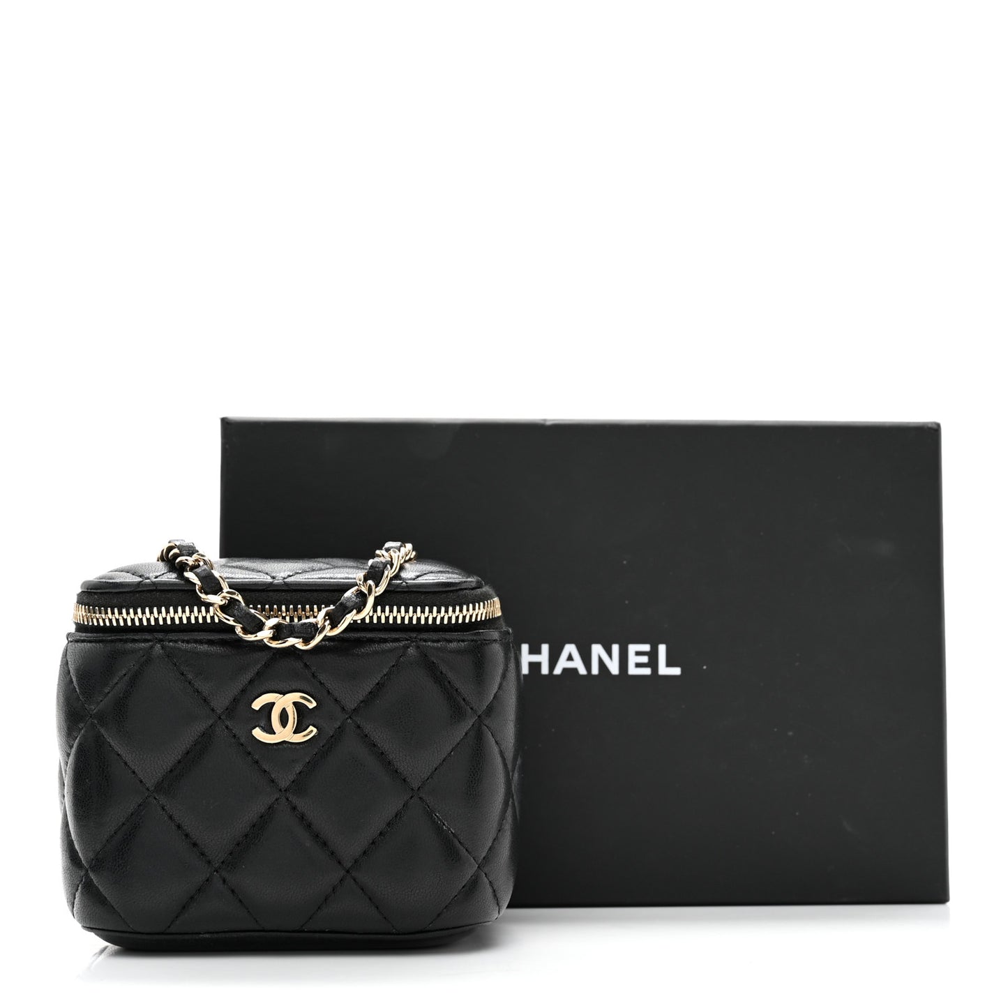 Lambskin Quilted Mini Vanity Case With Chain Black
