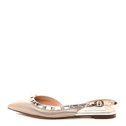 Valentino Garavani Metallic Pebbled Calfskin Patent Rockstud Slingback Flats 35 Skin 1 of 12