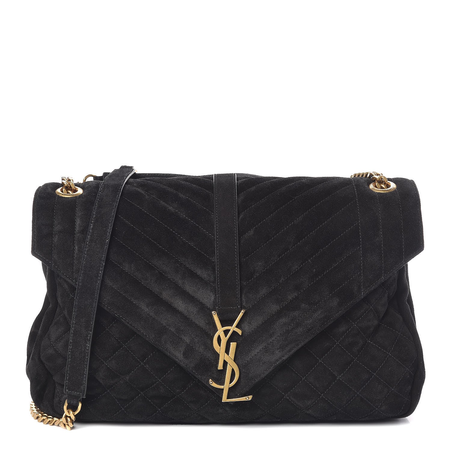 Saint Laurent Suede Mixed Matelasse Triquilt Large Monogram Envelope Satchel Black 1 of 8