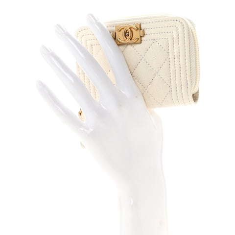 Caviar Quilted Boy Zip Around Coin Purse Wallet White