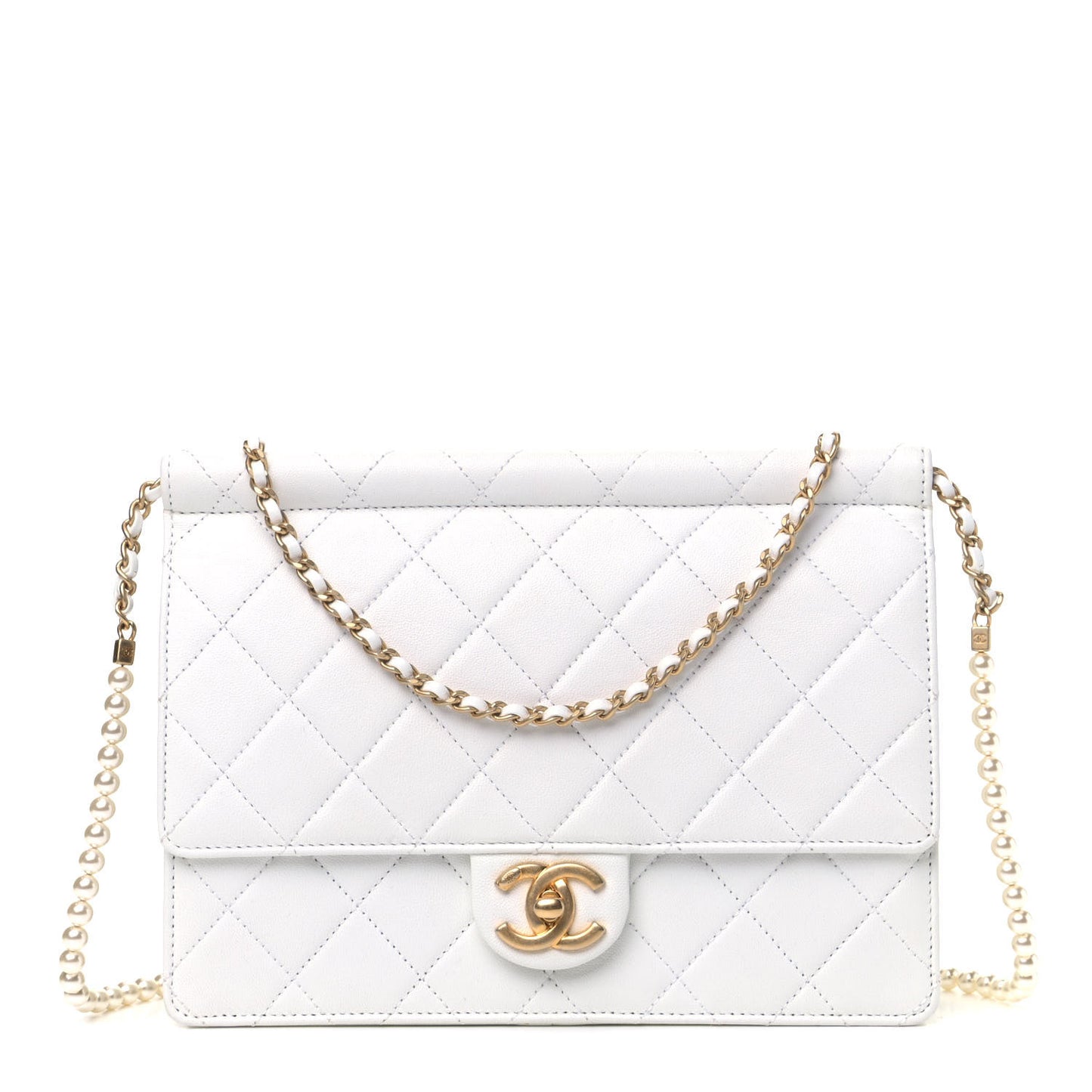 Lambskin Quilted Large Pearl Chain Flap Bag White