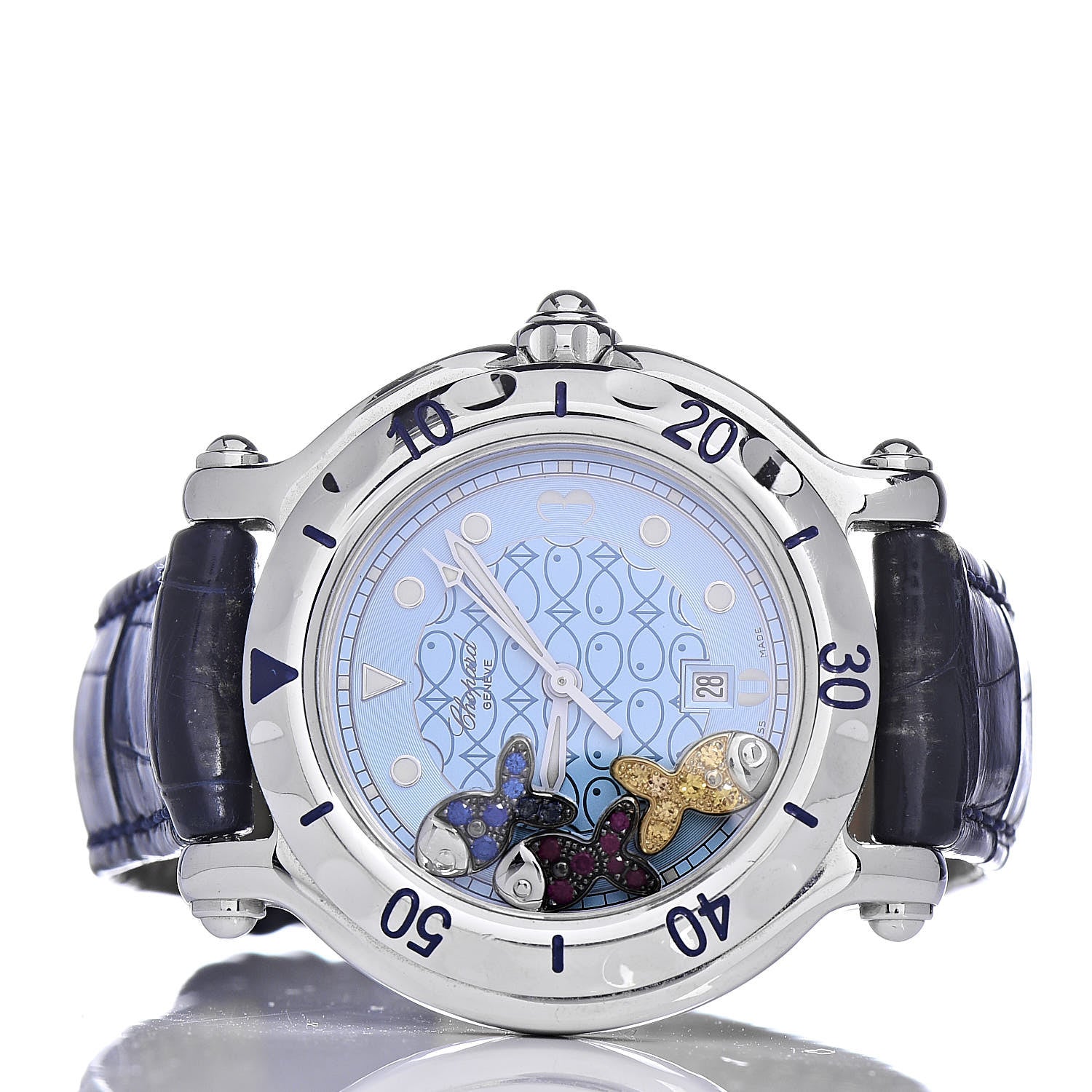 Chopard Stainless Steel Alligator Ruby Blue Yellow Sapphire 33mm Happy Sport Fish Quartz Watch Blue 3 of 10